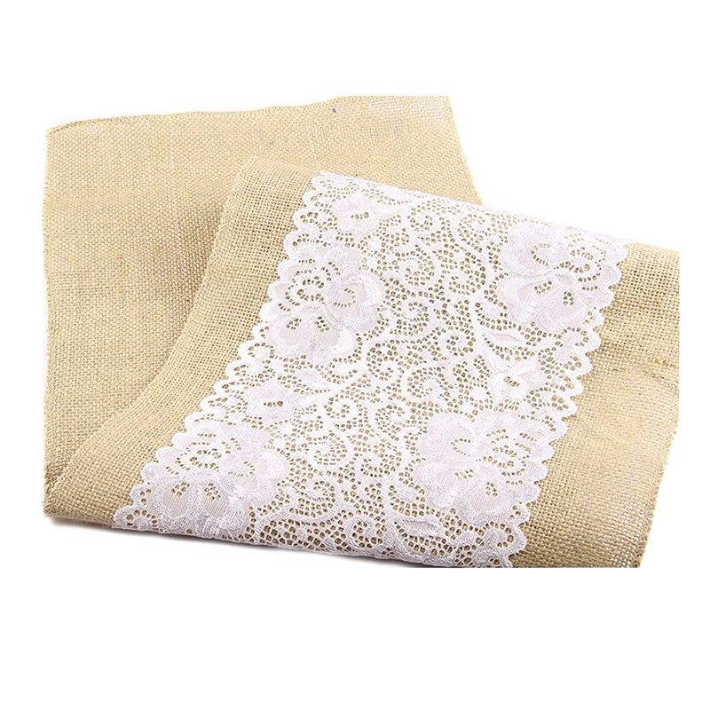 Burlap Lace Table Runner 12X108 Inch, Rustic Vintage Table Runner for Outdoor Wedding Birthday Party Banquet Decoration