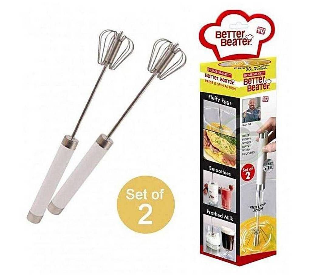 Press & Spin Action Better Beater Egg Beater - Set of 2- Silver
