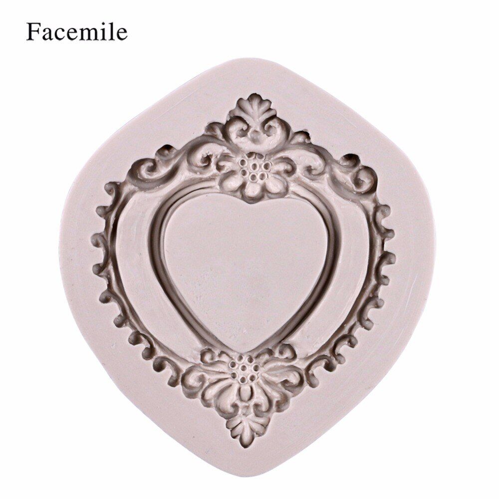 Facemile 1PCS 3D Vintage Heart Shape Mirror Frame Silicone Mold Lace Mould Fondant Chocolate Molds Cake Decorating Tools