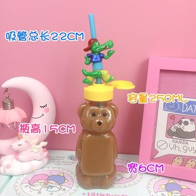 Kawaii Bear Clear Plastic Water Bottles Cute Cartoon Transparent Bottle With Straw Creative Portable Student Kids Water Cups