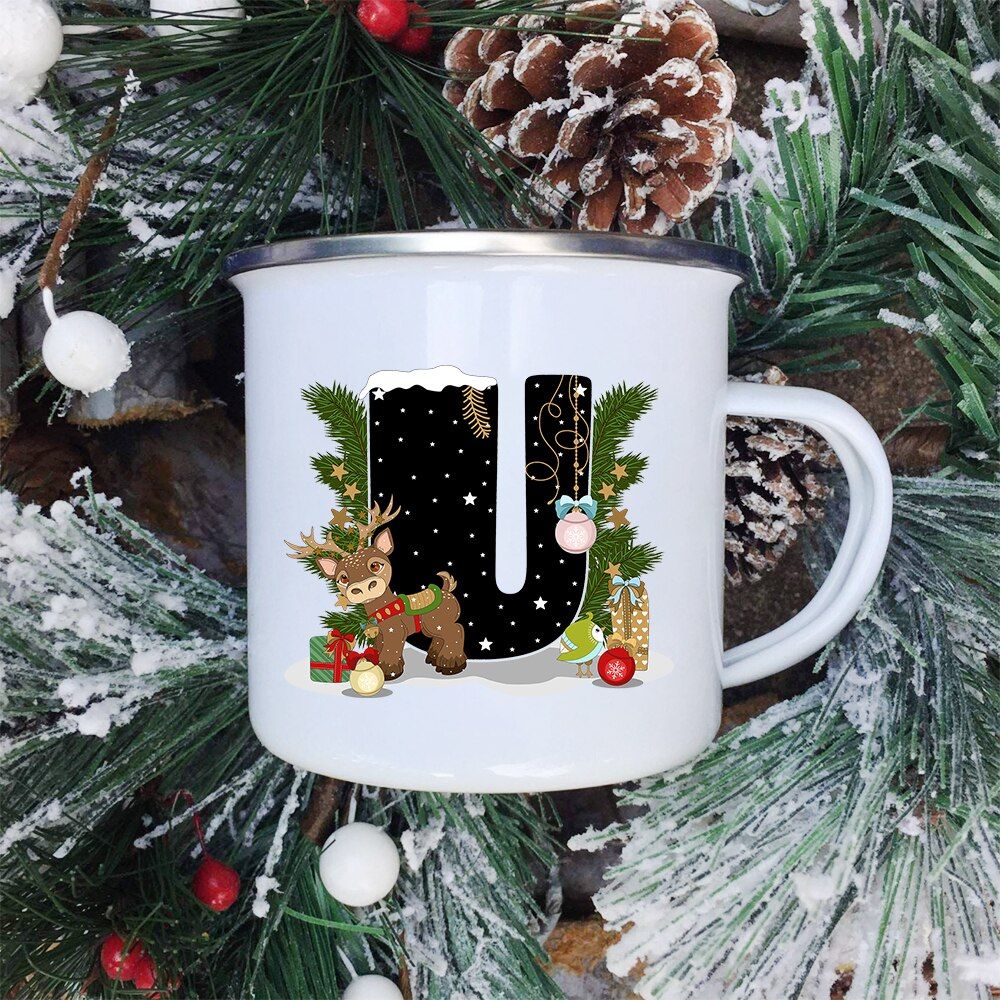 Cartoon Santa ChristDeer Alphabet Enamel Mugs Year Party Juice Coffee Cups Creative Milk Mug XGifts