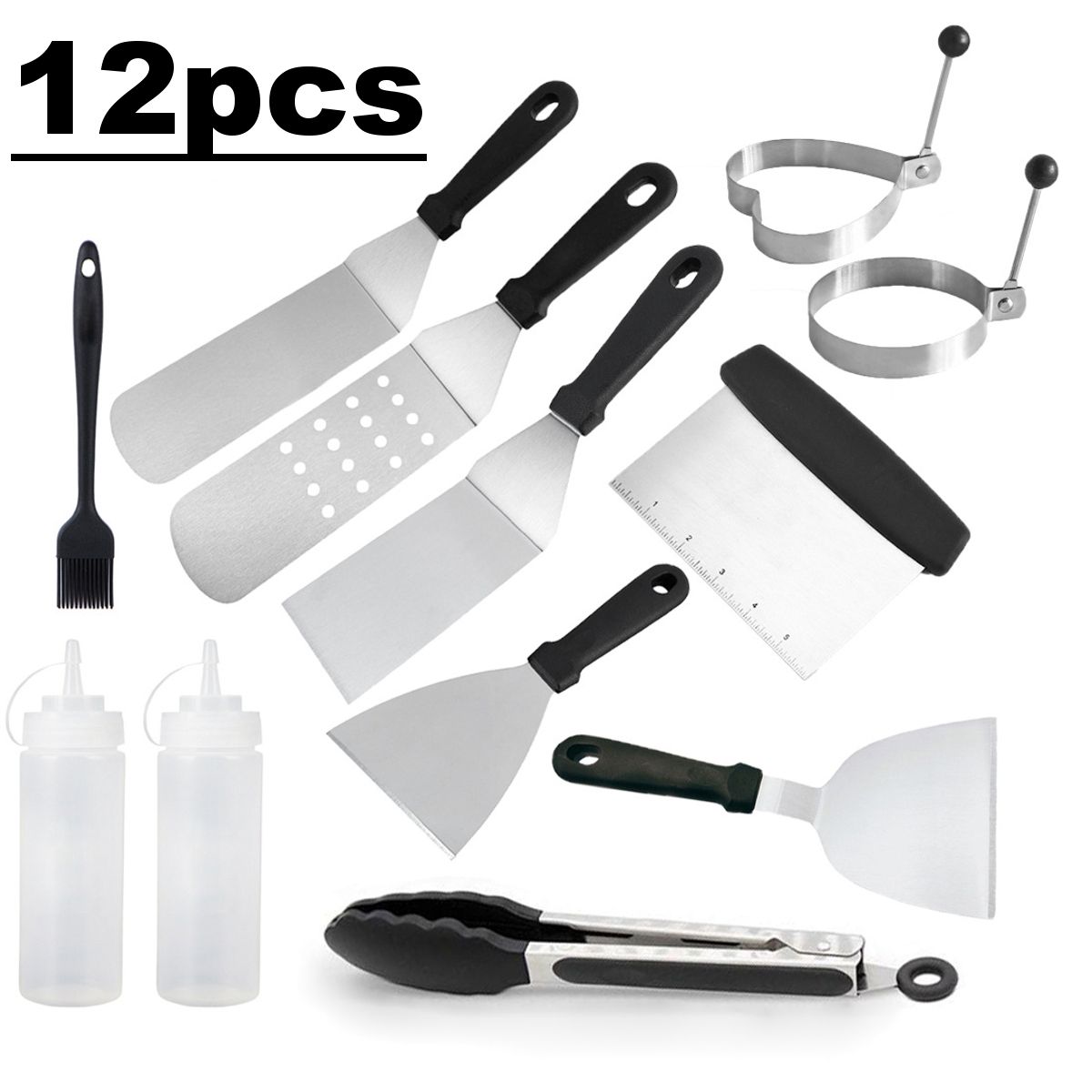 6/7/12PCS Professional Stainless Steel Griddle Cooking Kit Grill Spatula Tongs Egg Ring Flipper Scraper Camping Tailgating Outdoor BBQ Purism