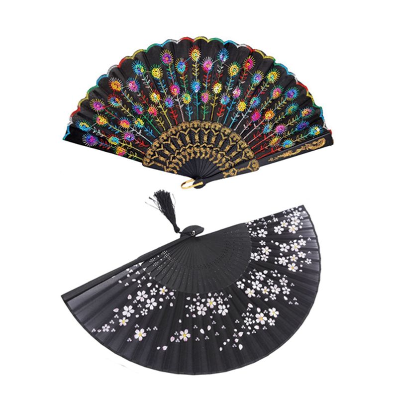 Individual Colored Embroidered Flower Pattern Black Cloth Folding Hand Fan for Woman & Bamboo Silk 8.27 Inch(21cm) Folding Fan Exquisite Product