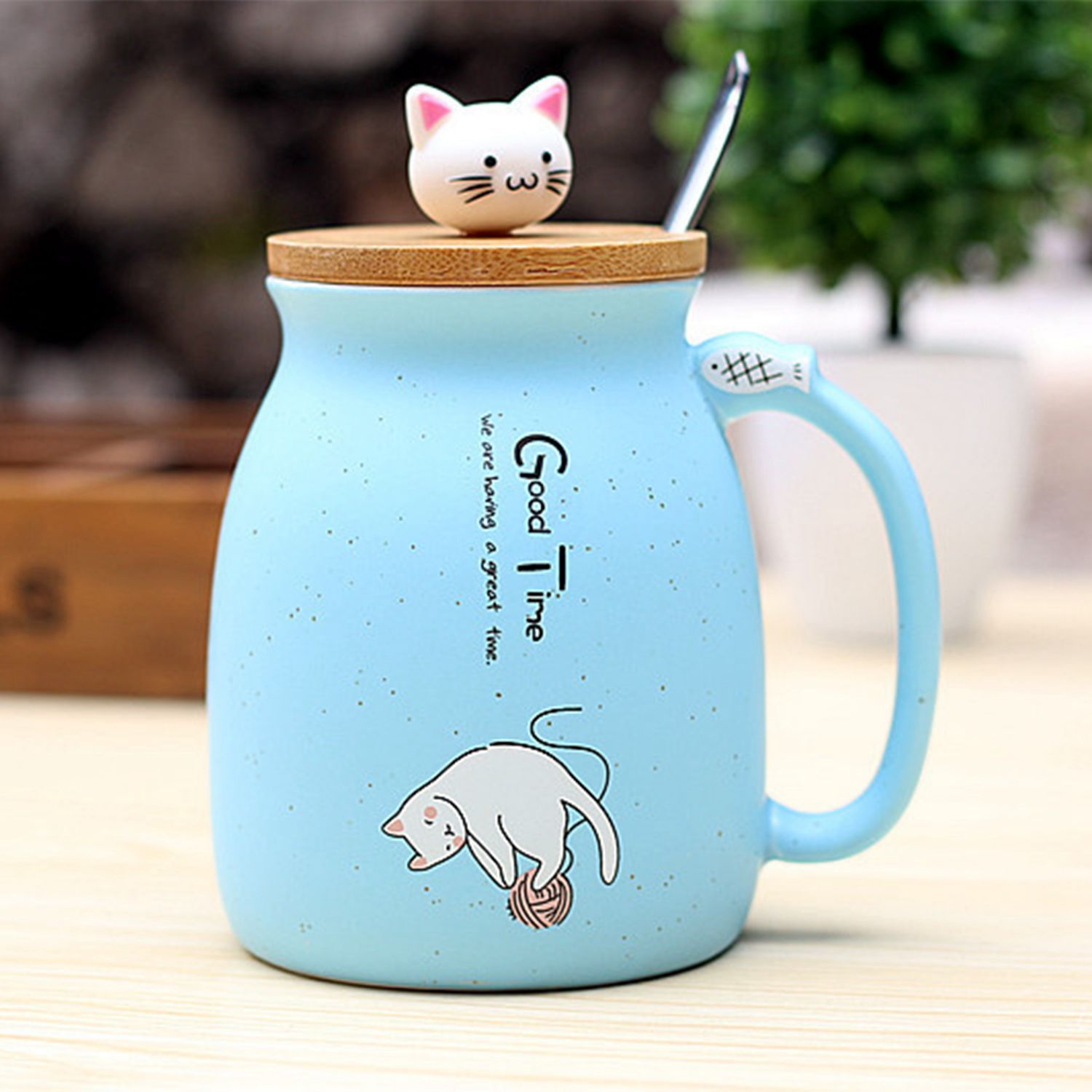 sesame cat heat-resistant cup color cartoon with lid cup kitten milk coffee ceramic mug children cup office gifts（skyblue） - Sky blue