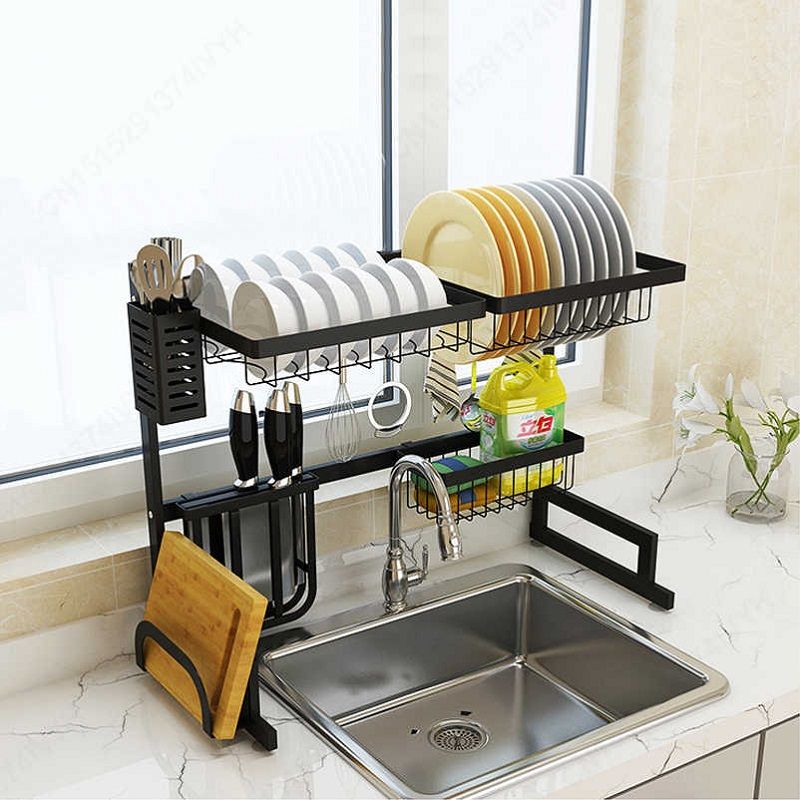 Black 65cm Stainless Steel Storage Holders Racks Kitchen Shelf Rack Wall Drain Dish Rack Pot Lid Spice Holder DIY Kitchen Organizer
