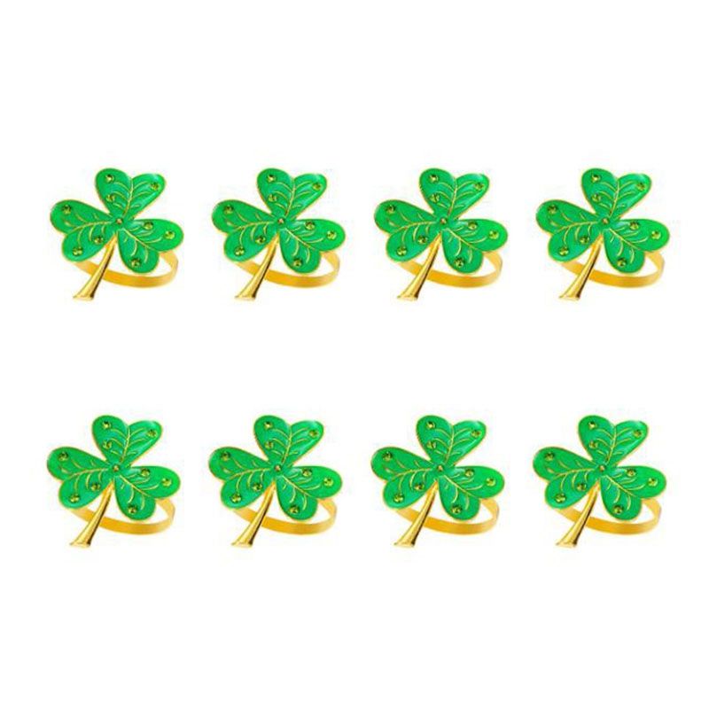 8 Pcs Green Three-Leaf Clover Napkin Ring, Golden Ring Design Emerald Diamond, for Valentine's Day Wedding Holiday Party