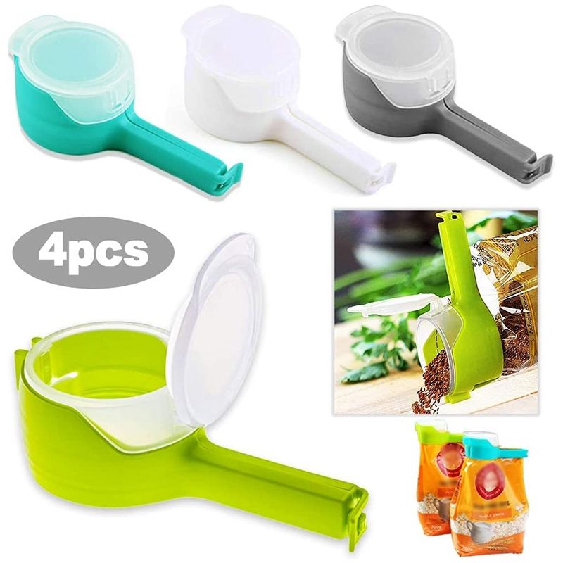 4 Pack Food Storage Bag Sealing Clips with Pour Spouts, Chip Bag Clips Great for Kitchen Food Storage and Organization
