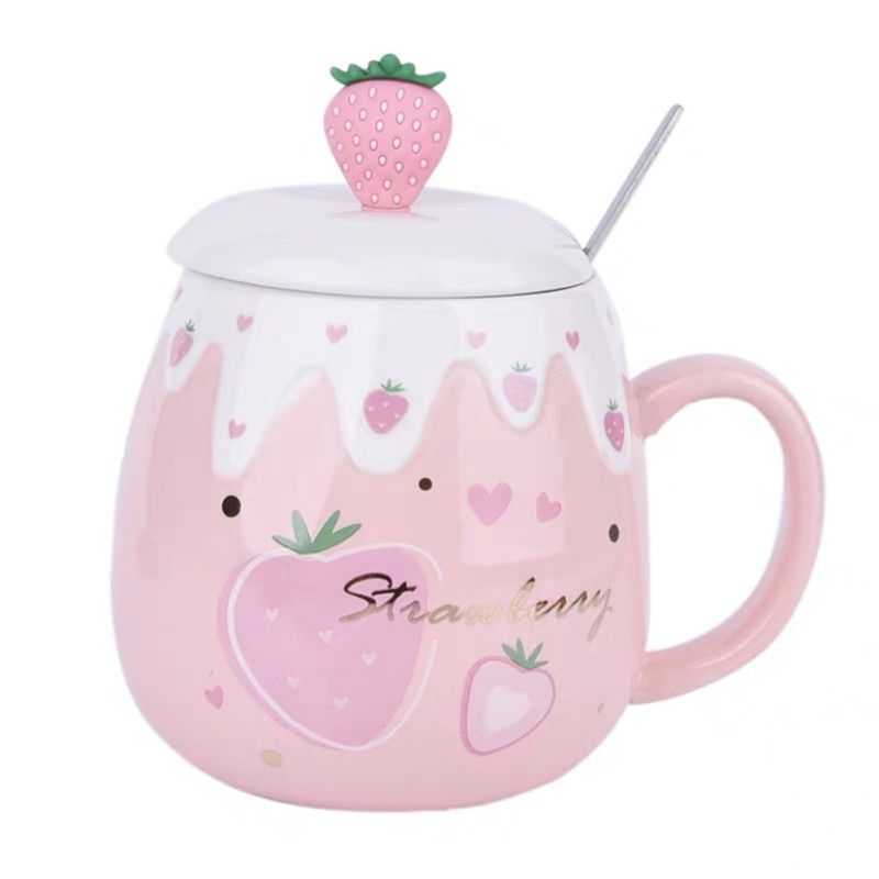 500ml Large Capacity Ceramic Cute Strawberry Coffee Mug with Lid and Spoon Porcelain Breakfast Milk Oatmeal Cup Drinkware