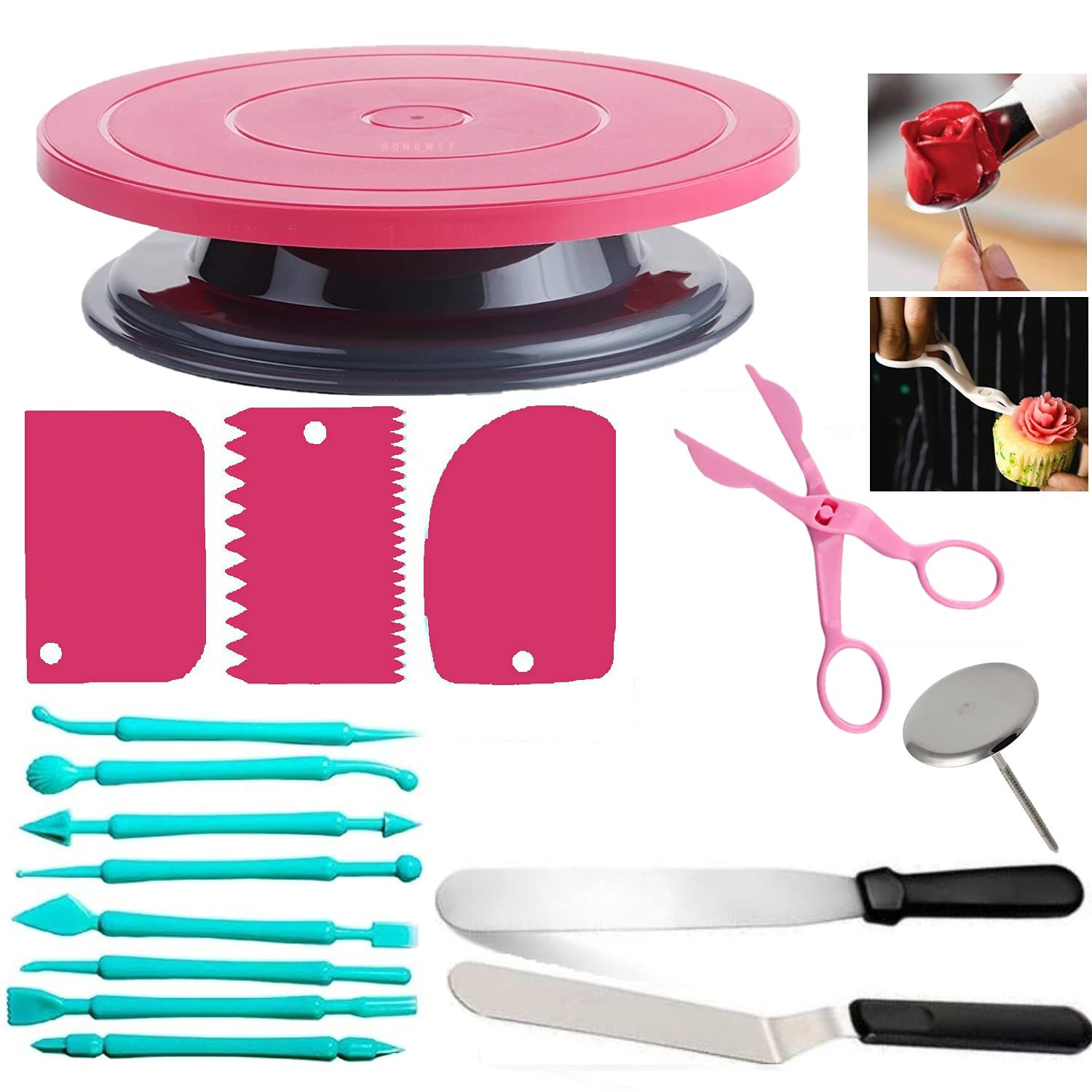 16 Pcs Cake Making Supplies, Rotating Cake Turntable for Decorating, 8 Inch Long Icing Pallet, Smoothing Scrapper, Fondant Sticks, Flower Nail, Lifter (Multi-Color)