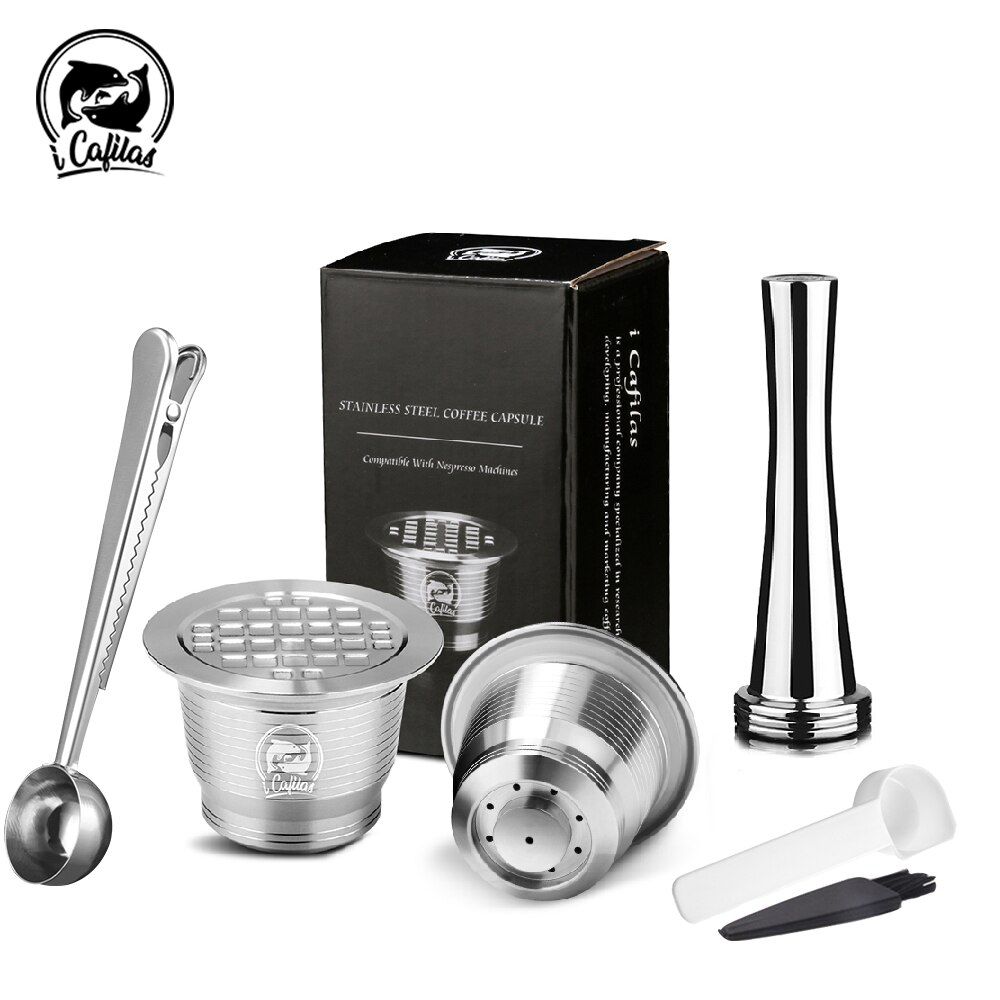 iCafilas Coffee Filters Capsule For  Refillable Espresso Reu Stainless Steel Coffee Cup Pods With Tamper Spoon