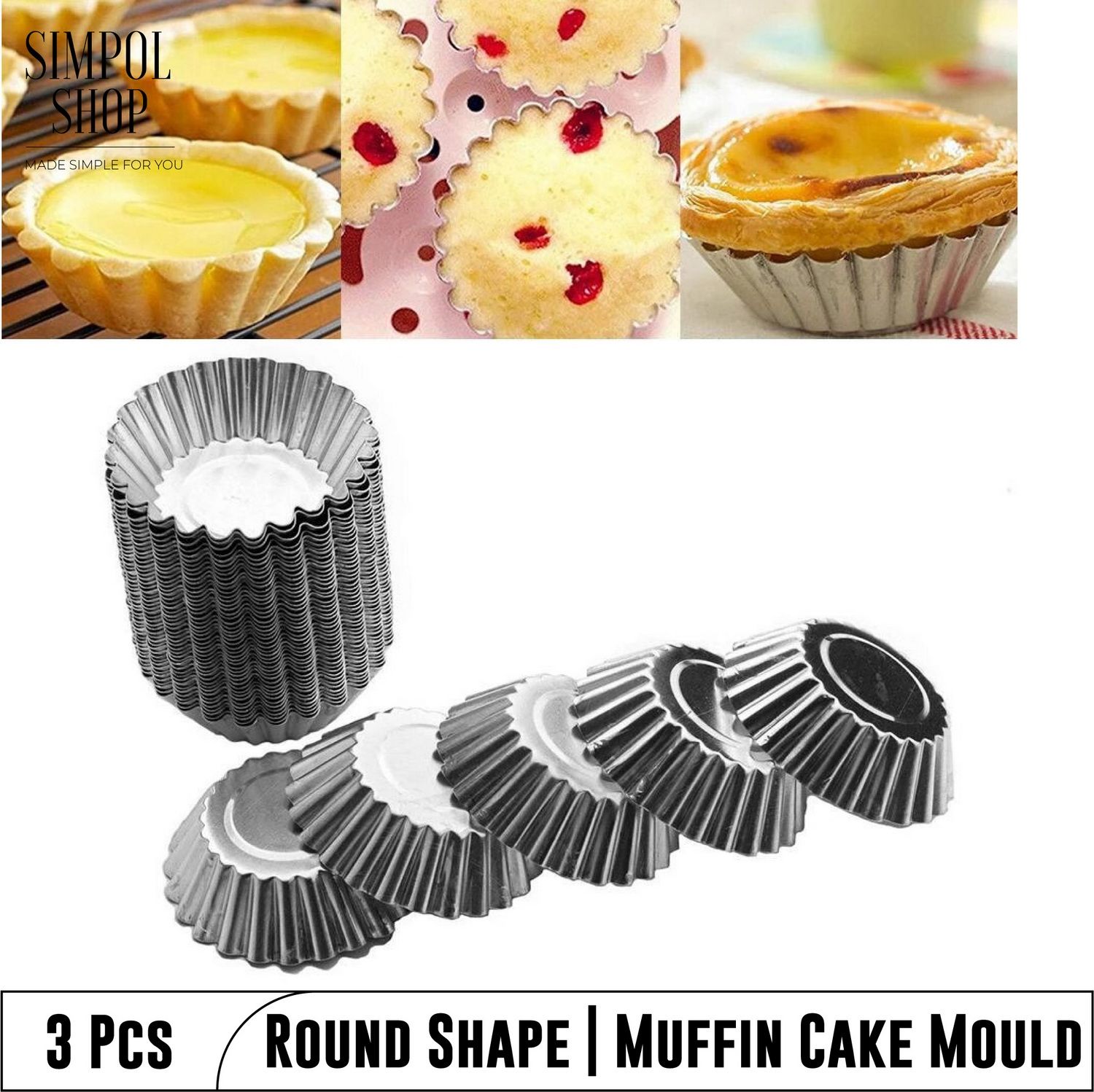 3 Piece- Aluminium Tinplate Silver SIMPOL Cupcake Mold Easy Round Shape Tasty Muffin Cake Maker