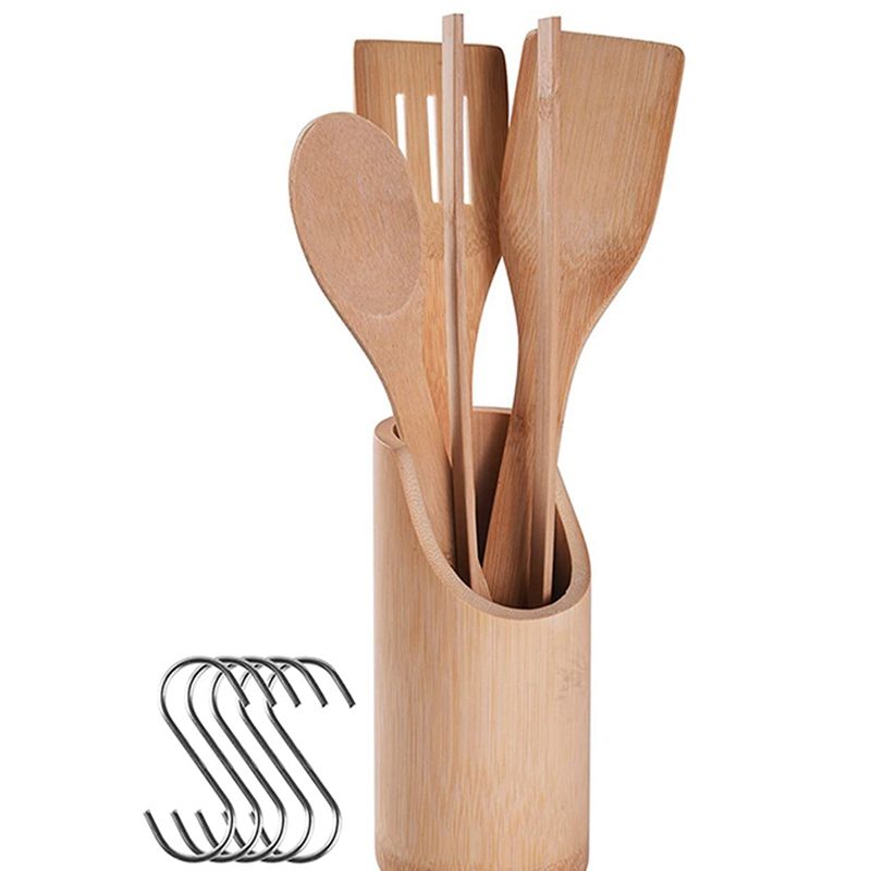 Bamboo Kitchen Utensils, Wooden Cooking Utensils with Holder, Wooden Spatulas and Cookware Set, Bamboo Spoons