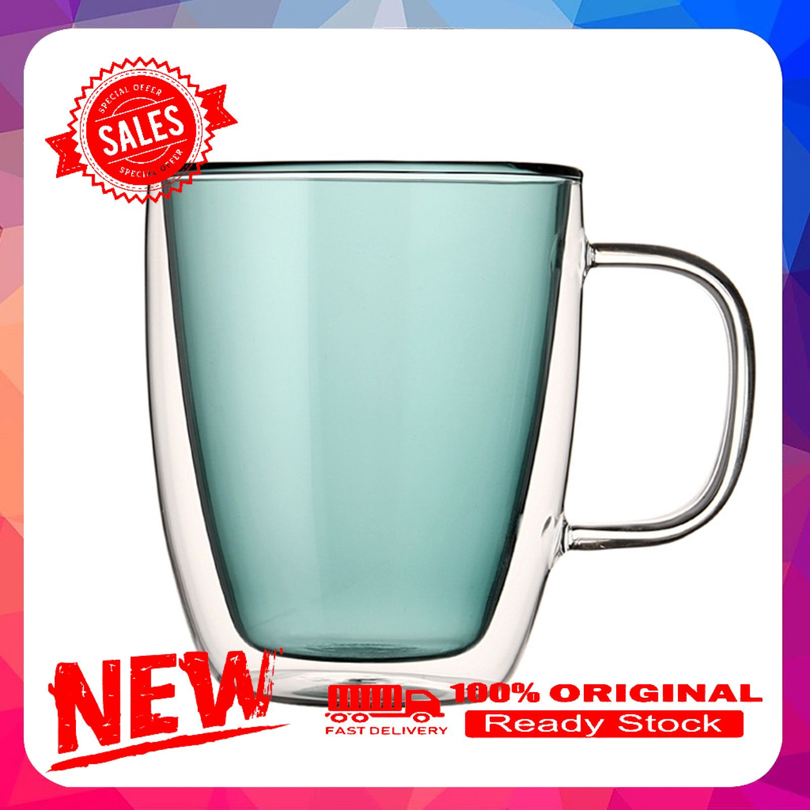 350ml Color Liner Glass Heat-resistant Double Wall Coffee Tea Cup with Handle