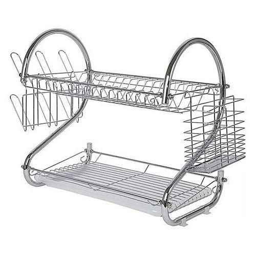 2 Layer Dish Drainer Plate Stand Kitchen Chrome Cup Dish Dryingm Rack Tray Cutlery