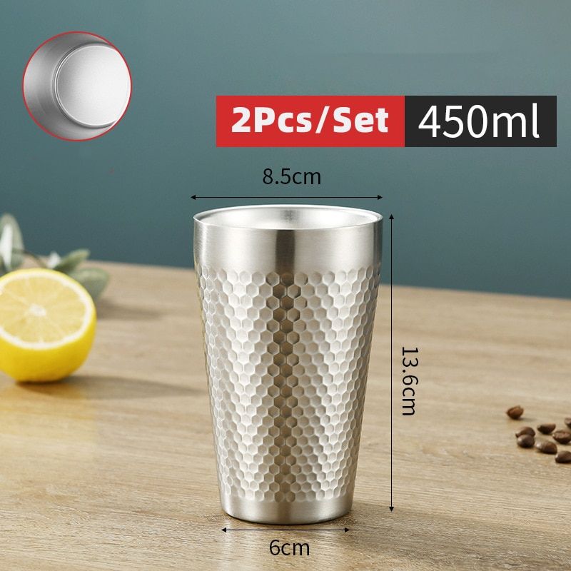 2Psc Double-Wall Stainless Steel Mug Hammer  Texture Coffee Mug Cup Water Mugs Double-Wall Prevents Scalding