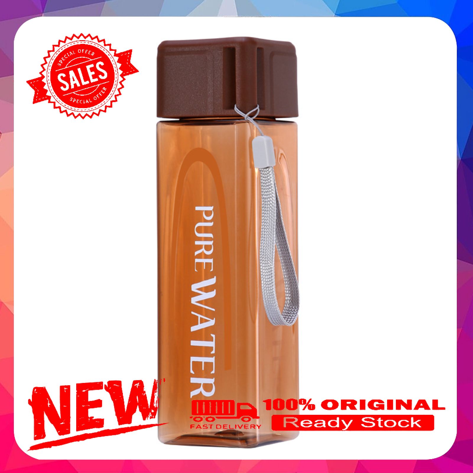 Sport Square Tea Milk Fruit Water Cup 480ml Transparent Drink Bottle with Rope
