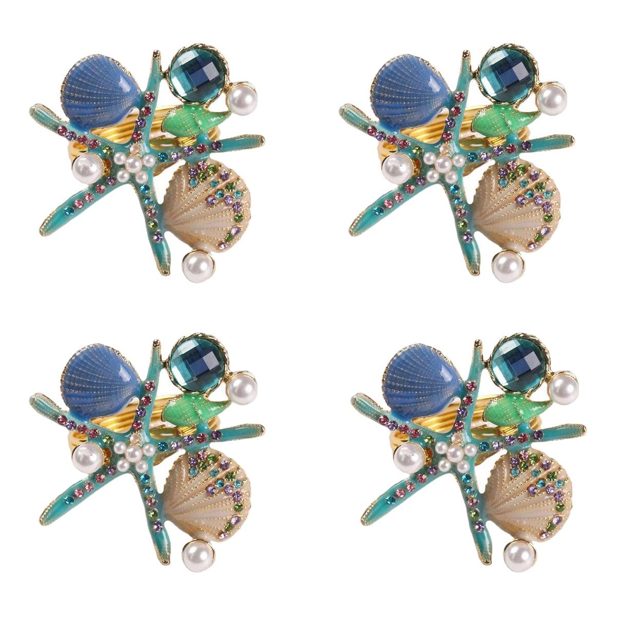 4Pcs Starfish Napkin Rings,Pearl Rhinestone Ocean Coastal Nautical Napkin Ring Holders Napkin Buckle for Party,Blue