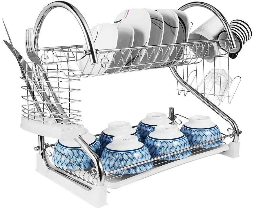 High Quality 2 Layer Plate Stand ,Kitchen Chrome Cup Dish Drying Rack