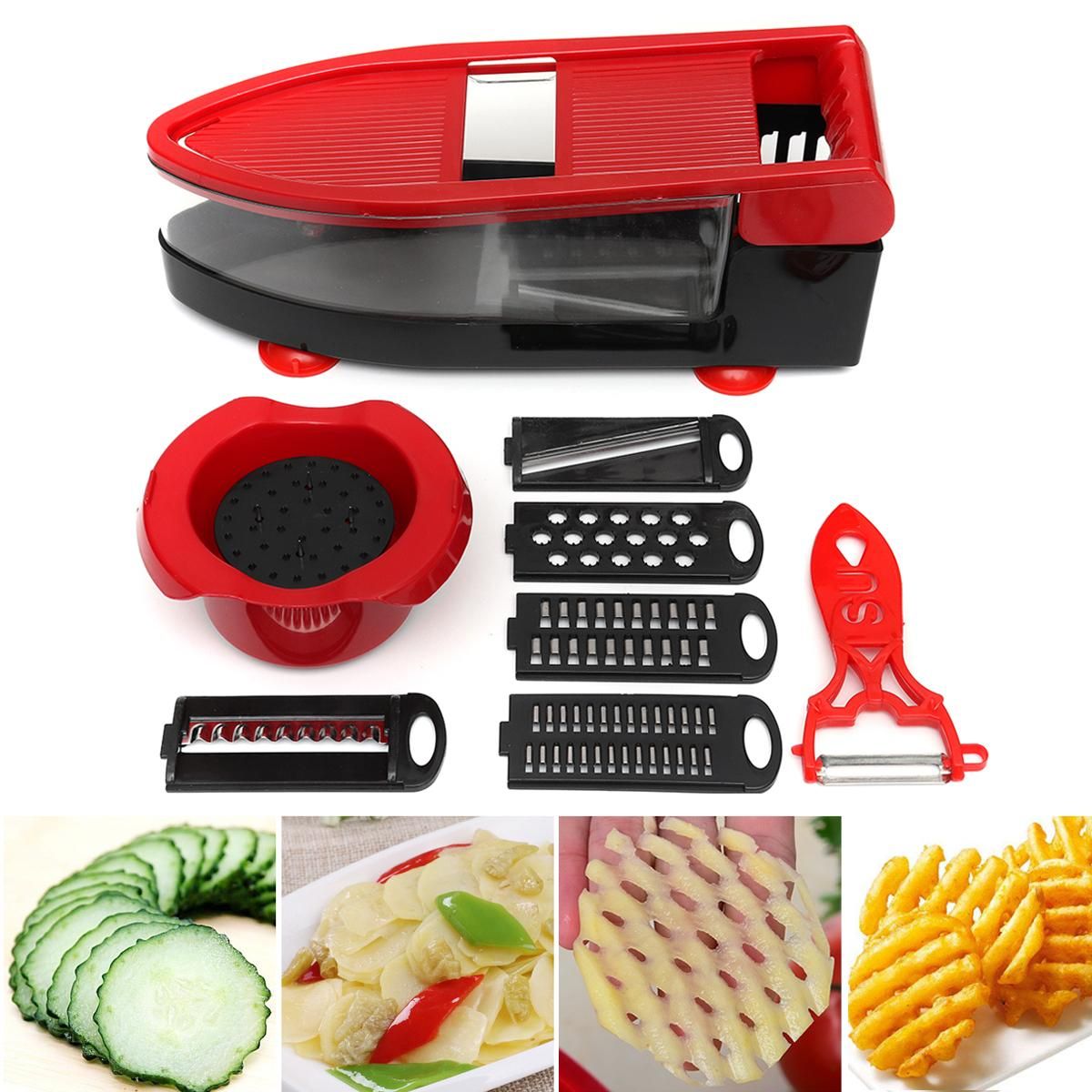 Multi-functional Shredder Grater Vegetable Cutter Sets Food Container Slicer Kit Red+Black