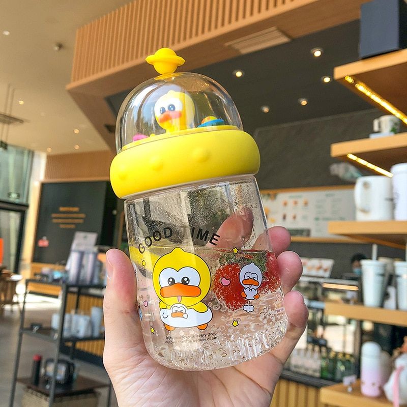 450ml Cute Cartoon Little Yellow Duck Landscape Plastic Cup Girl Student Couple Gift Cup Outdoor Sports Creative Handy Cup