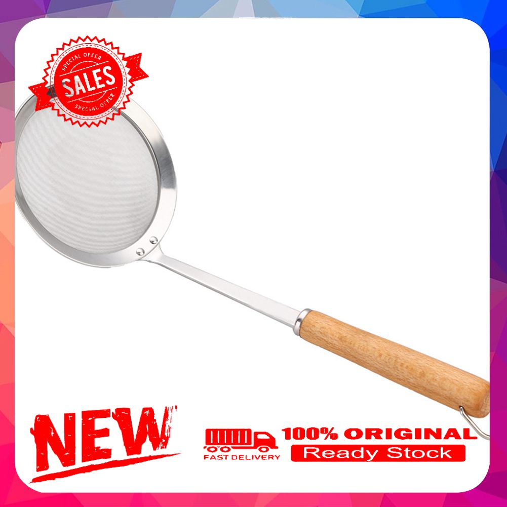 Wooden Handle Stainless Steel Filter Flour Sieve Colander Spoon Kitchen Cookware