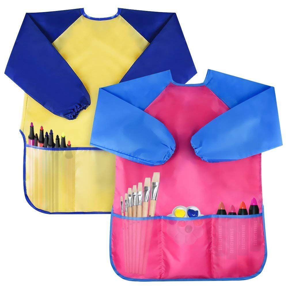 Pack of 2 Kids Art Smocks, Children Waterproof Artist Painting Aprons Long Sleeve with 3 Pockets for Age 2-6 Years - dark blue & yellow, blue & pink
