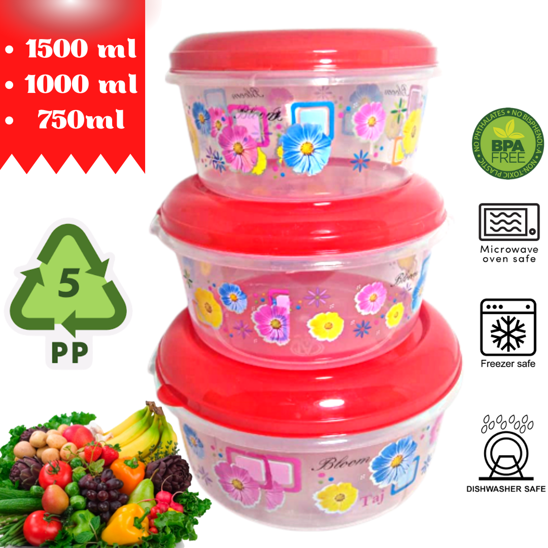 Food Grade Colorful Flower Printed Plastic food Container or Bowl Set -3 Multiple Sizes with Lids