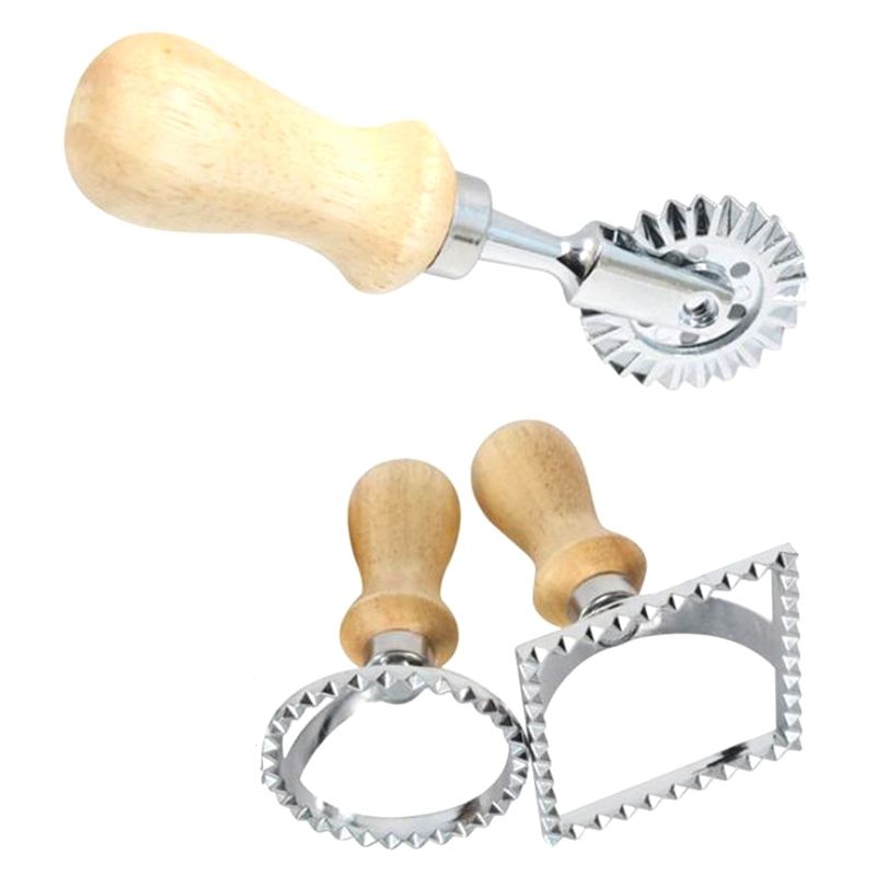 Ravioli Stamp Maker Cutter with Roller Wheel Set, Mold with Wooden Handle for Fluted Edge, Pasta Press Kitchen Attachment