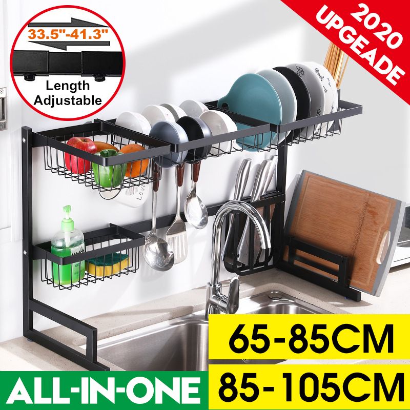 Functional 65-85CM/85-105CM Over The Sink Stainless Steel Kitchen Rack Dish Bowl Drain Drying Shelf Storage Organizer Holder With 4 Hooks Length Adjustable