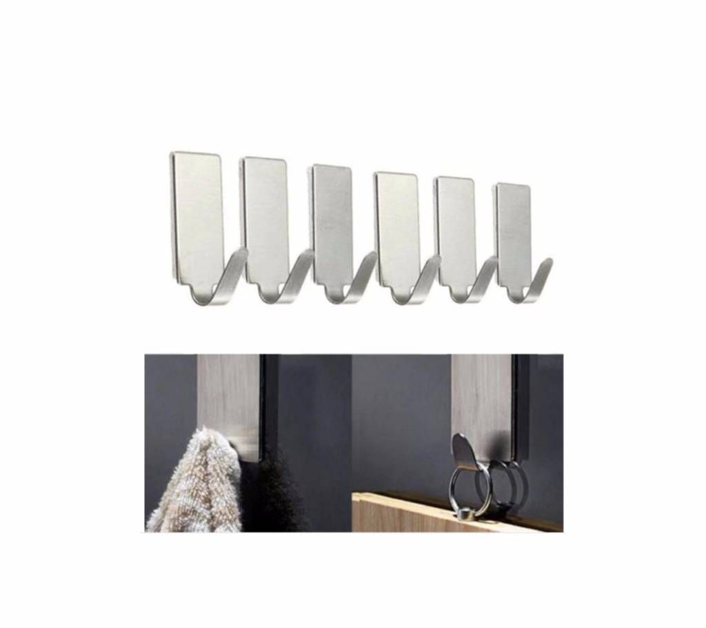 6Pcs Hooks Self Adhesive Home Kitchen Wall Door Stainless Steel Holder Hook Hanger