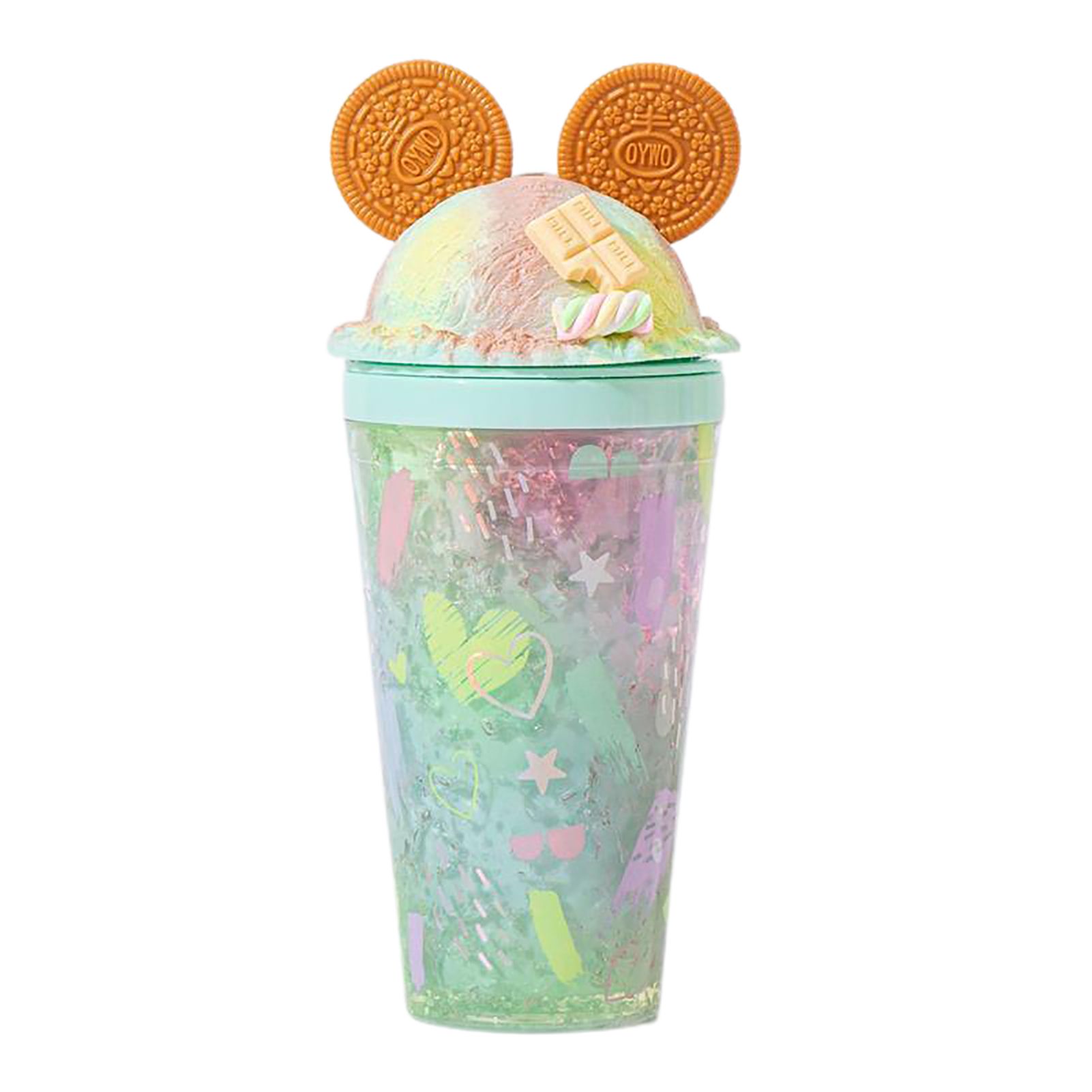 480ml Crushed Ice Cup Double Layer Large Capacity Mouse Head Shaped Plastic Cute Creative Water Cup with Straw for Summer