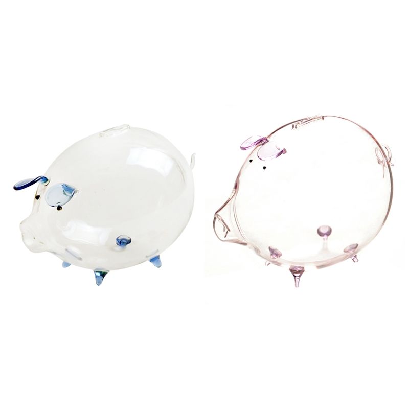 2 Pcs Pig Piggy Bank Coin Saving Box Cute Transparent Glass Souvenir Birthday Gift for Children Kids, Purple & Blue Exquisite Product