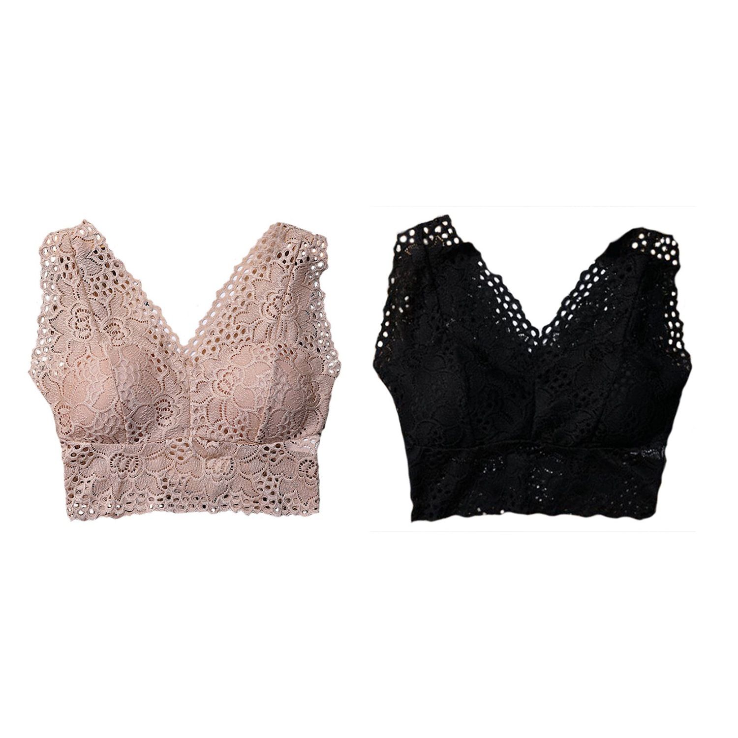 Individual 2 Pcs Women Flower Tank Top Bra Lace Floral Crochet Vest Crop Top, Black & Complexion Exquisite Product