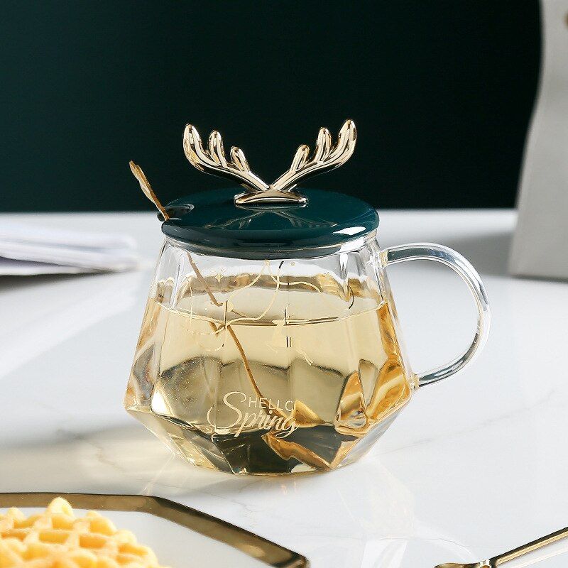 Antler Glass Coffee Mugs Creative Hexagonal Cup Tropical Resistant Lid Sn Milk Juice StarBuck Coffee Milk Tea Cup