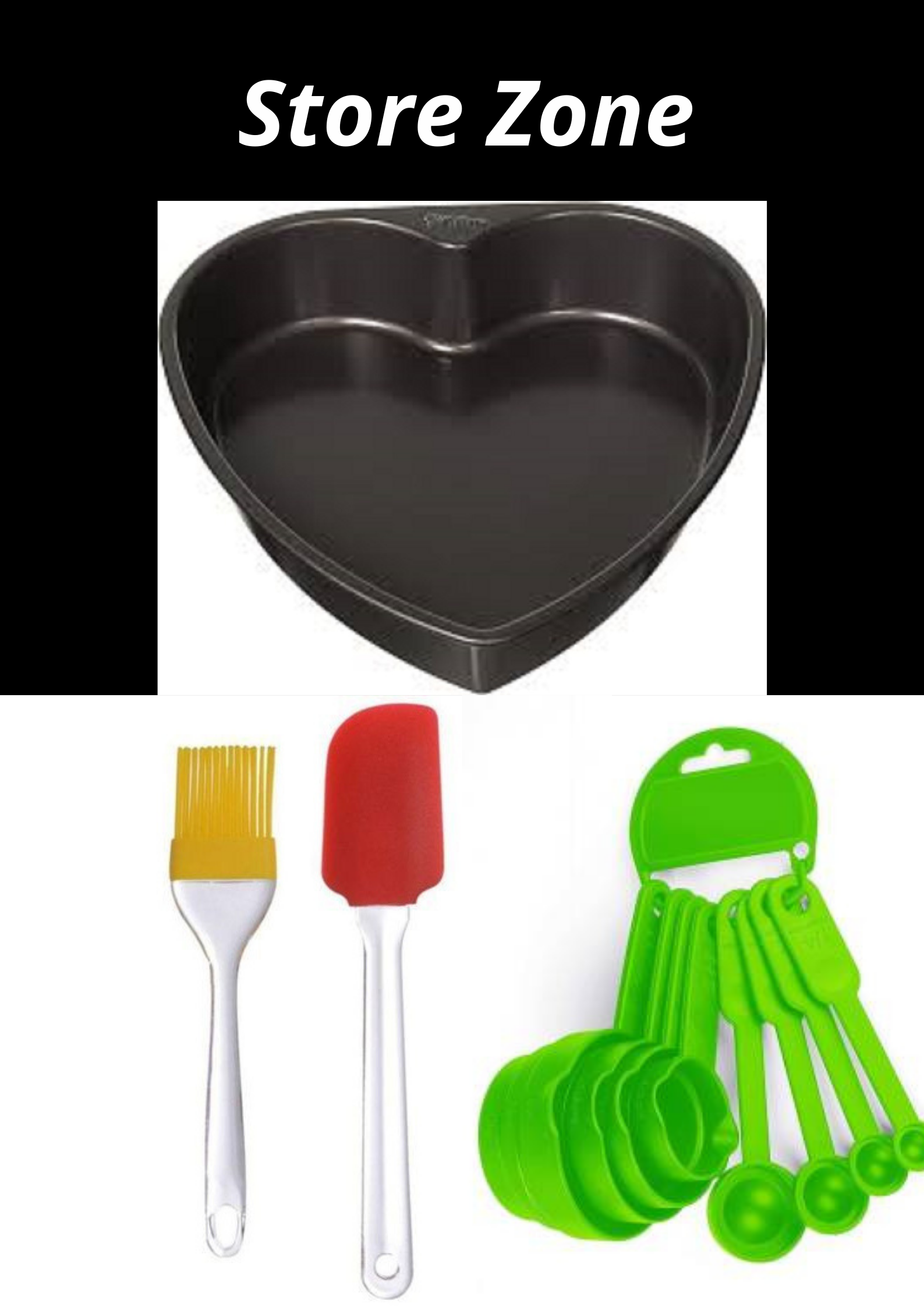 Non-stick heart shape cake mould (8 inches) and Silicone spatula with brush set and plastic measurement combo pack of 3 items