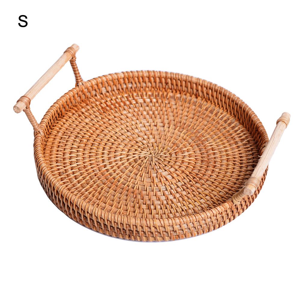 Hand-Woven Round Rattan Tray Fruit Snacks Storage Basket Organizer with Handle