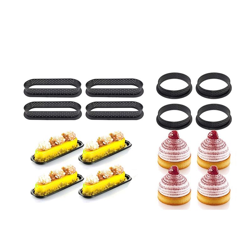 8 Pcs Round & Oval Tart Rings Heat-Resistant Perforated Cake Mousse Ring Non Stick Bakeware Mini Cake Mold Cake Rings