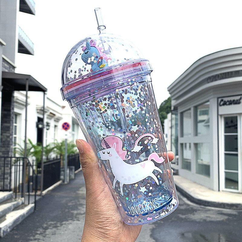 Unicorn Water Bottle Straw Type With Lid 350ml Drinking Bottle Summer Student Cute Ice Cup Plastic Female Durable Cartoon Kettle