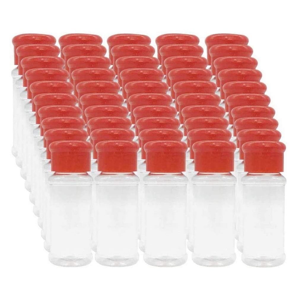 Set of 50 Empty Plastic Spice Bottles for Storing Barbecue Seasoning Salt Pepper Etc. 100Ml / 3.3Oz, Red
