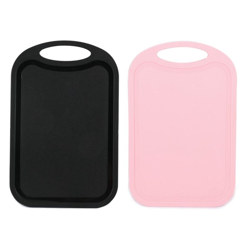 2x Plastic Chopping Block Meat Vegetable Cutting Board Non-Slip Anti Overflow with Hang Hole Chopping Board Black & Pink
