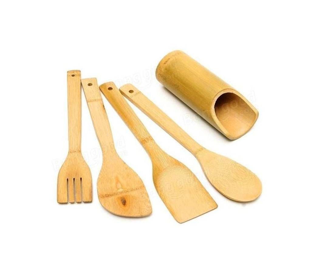 5PCS Bamboo Wooden Kitchen Utensil Spatula Scoop Spoon Set