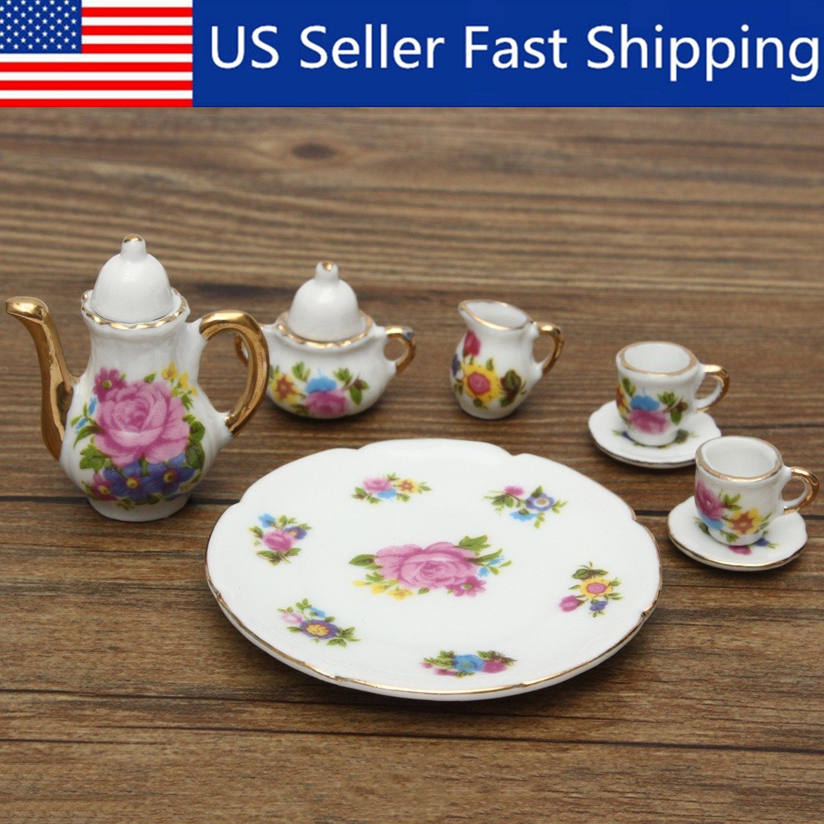 8pcs Dollhouse Miniature Ceramic Tea Set Porcelain Teapot Retro Style Coffee Cups Childrens Kids Teacup