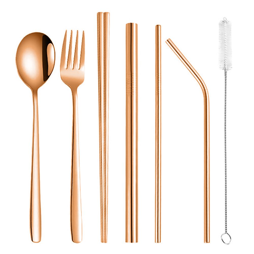 8Pcs Stainless Steel Tableware Kit Chopsticks Spoon Fork Straws Cutlery Set