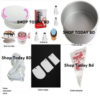 Cake Decoration Turntable & 12 Pieces Of Stainless Steel Nozzle Set & Removable Cake Pan & Bread Mold & Measuring Spoon Cup Set & 3 pieces Plastic Cream Scraper & 10 Pieces Pipping Bags (6 products)