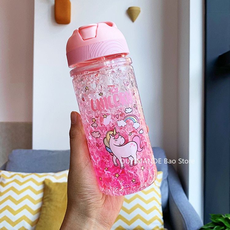 400ml Summer Cold Drink Juice Coffee Cup, Portable Fashion Double Straw Unicorn Ice Cup Boy Girl Plastic Cup Novelty Gift