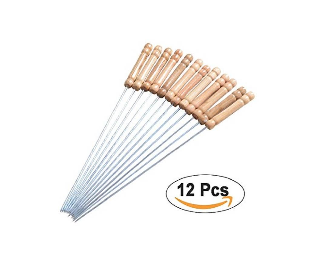 Stainless Steel 12 Pieces Barbecue Grill Sticks Set - Brown