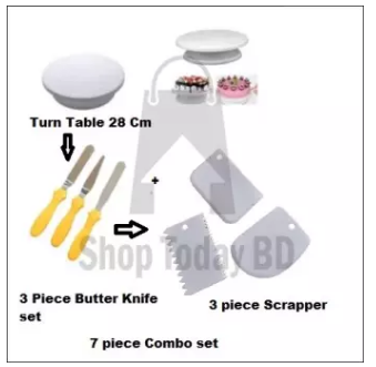 (7 pcs set) Turn table 28 Cm +3 pcs cake knife set + 3pcs plastic scraper