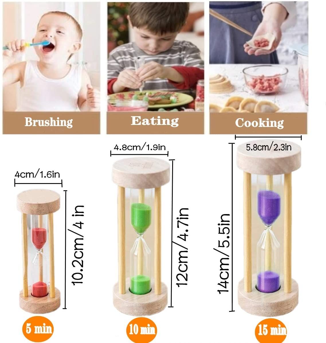 Wooden Sand Hourglass Timer Wood Frame Hourglass Sandglass Sand Clock Timer 5+10+15 Minute Mini Sand Timer Decoration Small Gift for Games Classroom Home Office Decoration (Colored 3 Pack)
