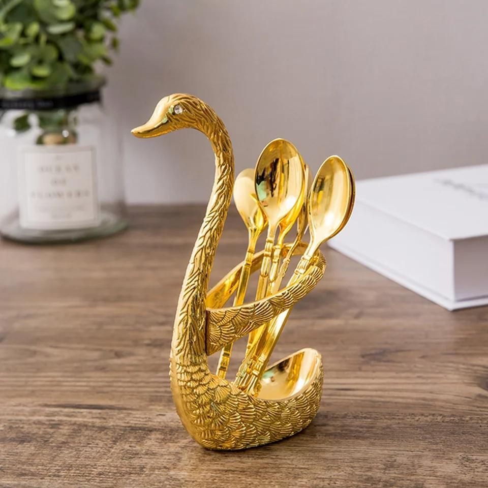 Spoon Set with Swan Stand (Pattern Golden with 6 Spoons)