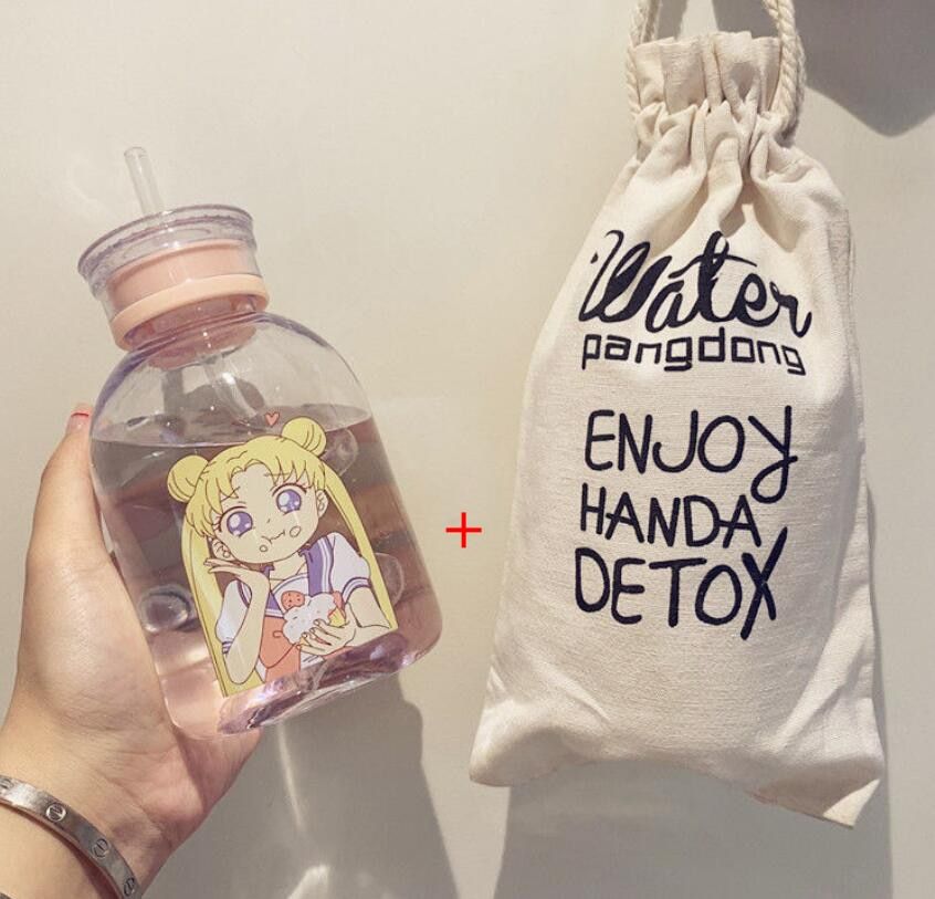 Cute Girls Water Bottle Plastic Sports Water Bottle  With Straw Portable Office Kids Drinking Cartoon Princess Water Bottles